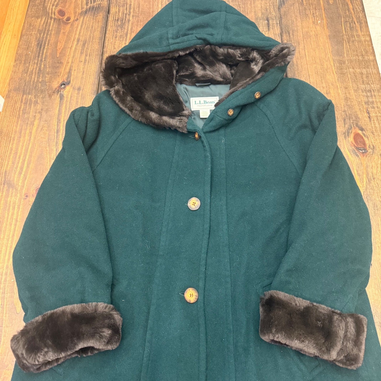 Ll Bean Vintage Wool Alpaca Blend Hooded Over Coat Green Womens Large, Usa Made